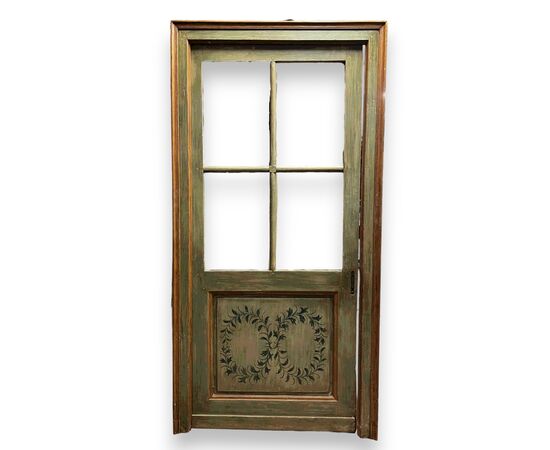 PTL718 - Porta bifacciale a vetri, con telaio, epoca '800, luce cm L 89 x H 206