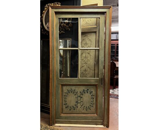 PTL718 - Porta bifacciale a vetri, con telaio, epoca '800, luce cm L 89 x H 206
