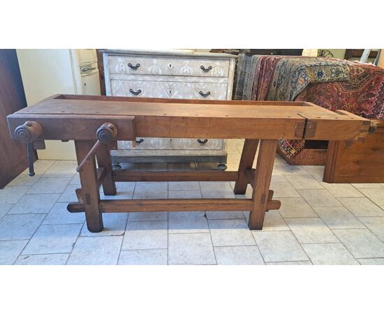 19th-century carpenter's workbench with triple vise