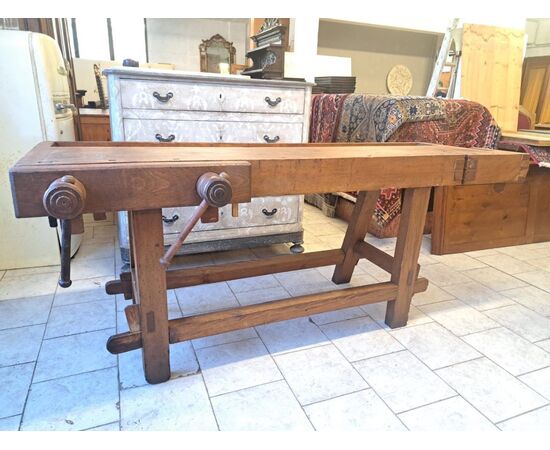19th-century carpenter's workbench with triple vise