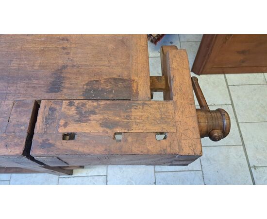 19th-century carpenter's workbench with triple vise