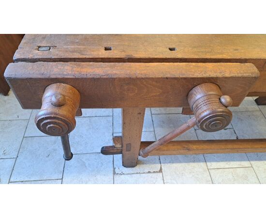19th-century carpenter's workbench with triple vise