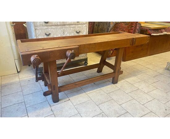 19th-century carpenter's workbench with triple vise