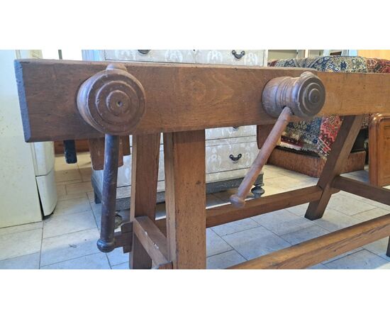 19th-century carpenter's workbench with triple vise