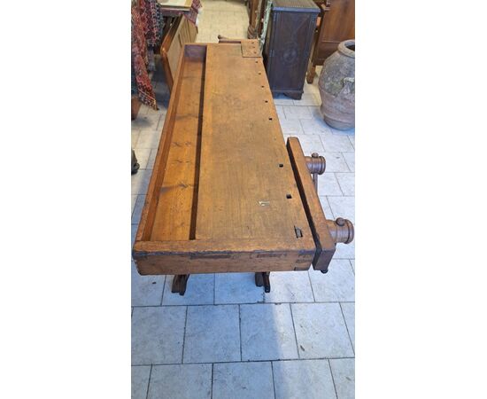 19th-century carpenter's workbench with triple vise