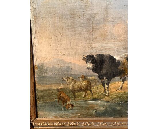 Pittore italiano (fine XVIII-inizi XIX sec.) - Paesaggio con mucche, capre e cane al ruscello.
