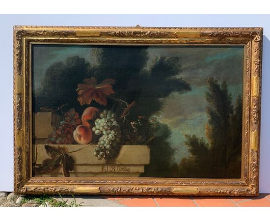 Jean-Baptiste Oudry (Parigi 1686 - Beauvais 1755) cerchia di - Architettura con natura morta di frutta.