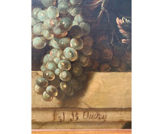 Jean-Baptiste Oudry (Parigi 1686 - Beauvais 1755) cerchia di - Architettura con natura morta di frutta.