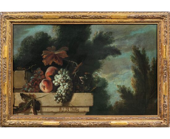 Jean-Baptiste Oudry (Parigi 1686 - Beauvais 1755) cerchia di - Architettura con natura morta di frutta.