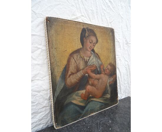Dipinto olio su tela scuola italiana del XVII secolo Maria che allatta al seno