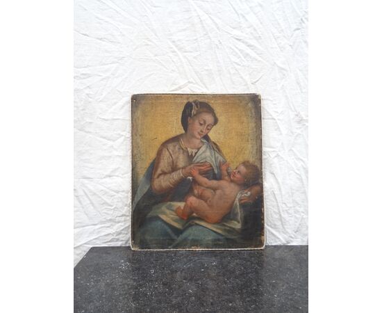 Dipinto olio su tela scuola italiana del XVII secolo Maria che allatta al seno