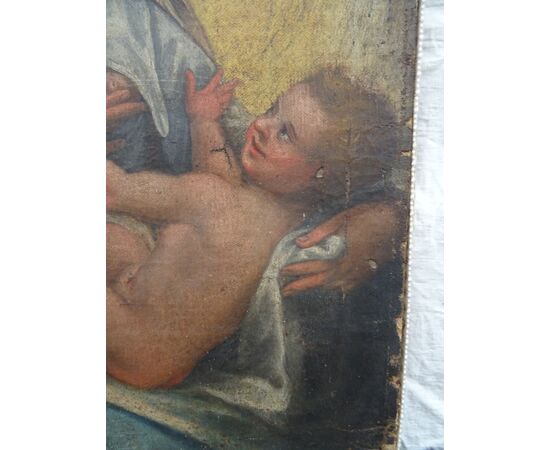 Dipinto olio su tela scuola italiana del XVII secolo Maria che allatta al seno