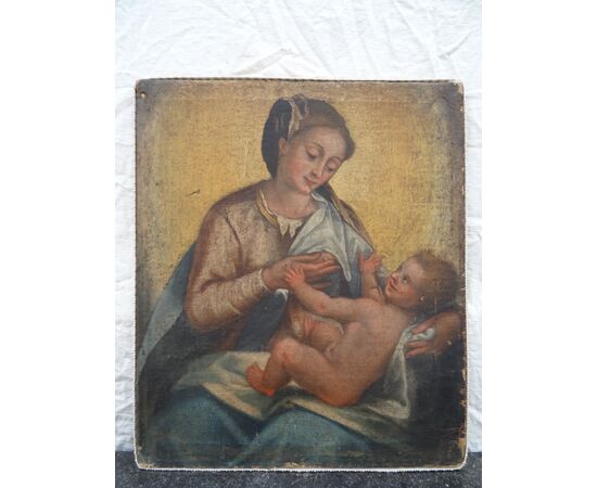 Dipinto olio su tela scuola italiana del XVII secolo Maria che allatta al seno