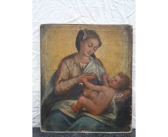 Dipinto olio su tela scuola italiana del XVII secolo Maria che allatta al seno
