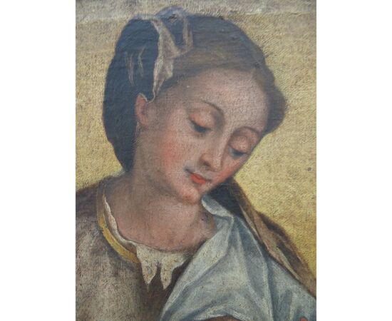 Dipinto olio su tela scuola italiana del XVII secolo Maria che allatta al seno
