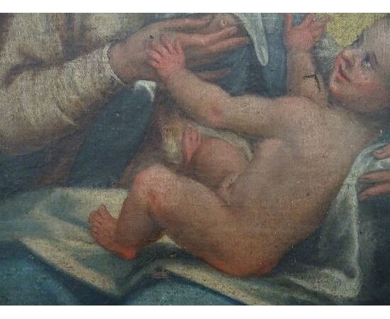Dipinto olio su tela scuola italiana del XVII secolo Maria che allatta al seno