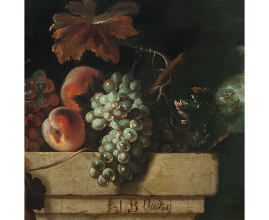Jean-Baptiste Oudry (Parigi 1686 - Beauvais 1755) cerchia di - Architettura con natura morta di frutta.
