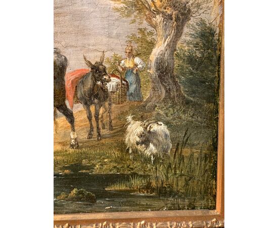 Pittore italiano (fine XVIII-inizi XIX sec.) - Paesaggio con mucche, capre e cane al ruscello.
