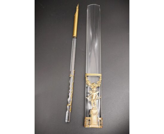 Raro set da scrittura epoca Napoleone III in bronzo dorato e cristallo