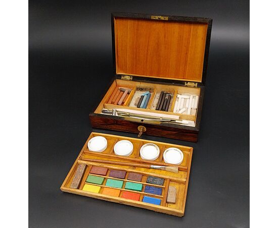 Rara antica scatola da  pittore con colori ad acquerello, epoca Napoleone III, fine 800
