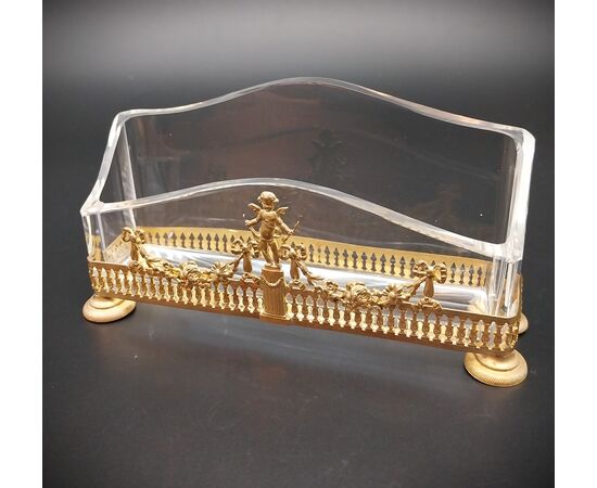 Raro set da scrittura epoca Napoleone III in bronzo dorato e cristallo