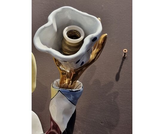 Pair of polychrome ceramic sconce-sculptures, Venice, signed Orosa (San Polo), mid 20th century