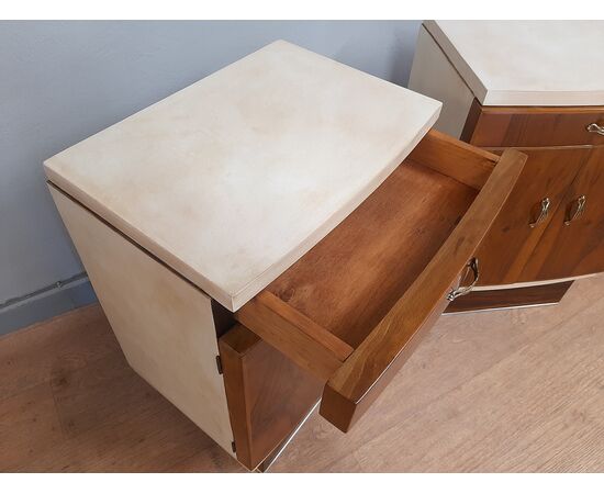 Pair of large original Art Deco walnut and parchment bedside tables, 1930-40 Pair of large original Art Deco walnut and parchment bedside tables, 1930-40