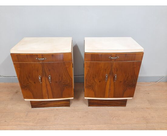 Pair of large original Art Deco walnut and parchment bedside tables, 1930-40 Pair of large original Art Deco walnut and parchment bedside tables, 1930-40