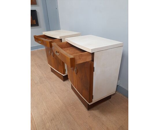Pair of large original Art Deco walnut and parchment bedside tables, 1930-40 Pair of large original Art Deco walnut and parchment bedside tables, 1930-40