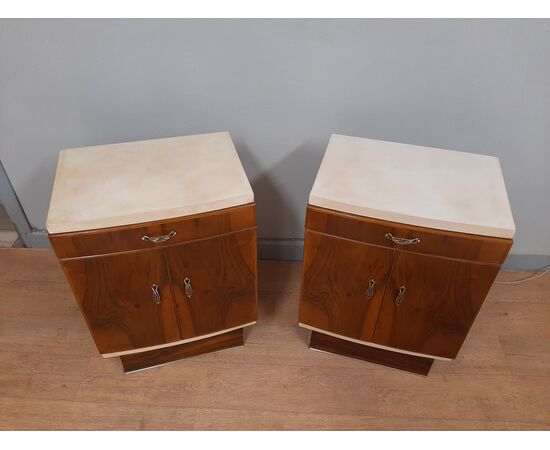 Pair of large original Art Deco walnut and parchment bedside tables, 1930-40 Pair of large original Art Deco walnut and parchment bedside tables, 1930-40