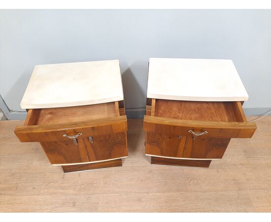 Pair of large original Art Deco walnut and parchment bedside tables, 1930-40 Pair of large original Art Deco walnut and parchment bedside tables, 1930-40