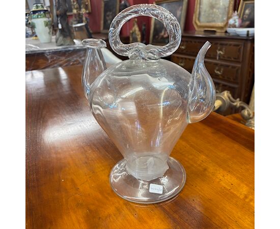 Antique 18th-century blown glass holy water pitcher. Dimensions H 32 W 23.