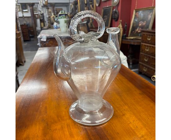 Antique 18th-century blown glass holy water pitcher. Dimensions H 32 W 23.
