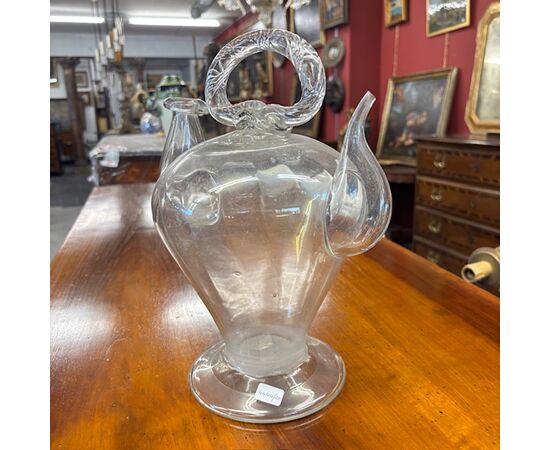 Antique 18th-century blown glass holy water pitcher. Dimensions H 32 W 23.
