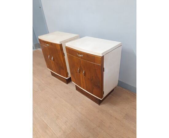 Pair of large original Art Deco walnut and parchment bedside tables, 1930-40 Pair of large original Art Deco walnut and parchment bedside tables, 1930-40