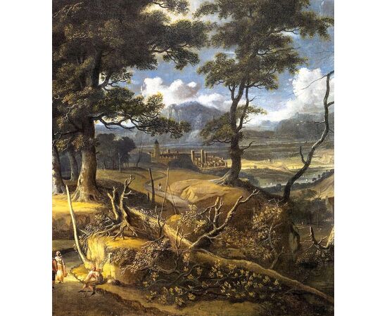 Wooded landscape with travelers and village