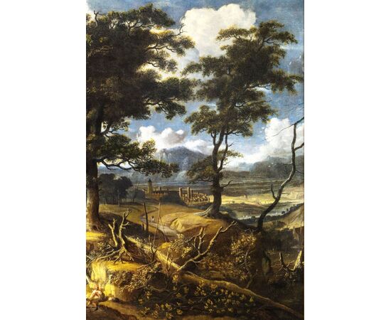 Wooded landscape with travelers and village