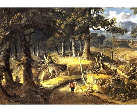 Wooded landscape with travelers and village