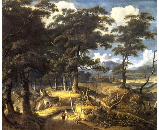 Wooded landscape with travelers and village
