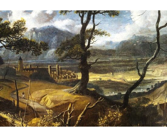 Wooded landscape with travelers and village