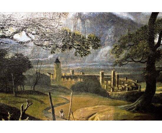 Wooded landscape with travelers and village