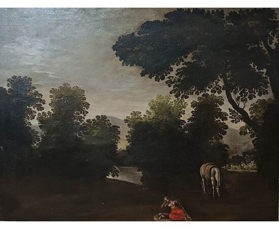 LATE 17TH CENTURY PAINTING WITH LANDSCAPE AND FIGURE