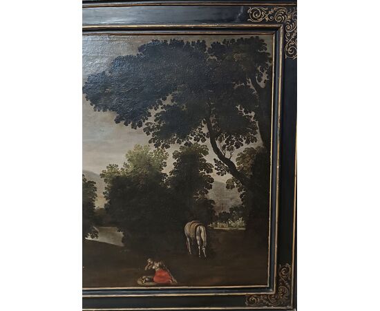 LATE 17TH CENTURY PAINTING WITH LANDSCAPE AND FIGURE