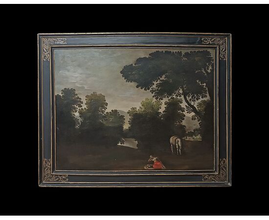 LATE 17TH CENTURY PAINTING WITH LANDSCAPE AND FIGURE