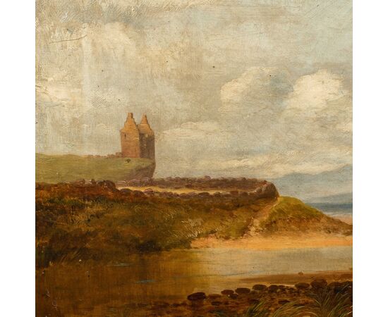 English painter (late 19th century) - Romantic landscape with fisherman at the lake.
