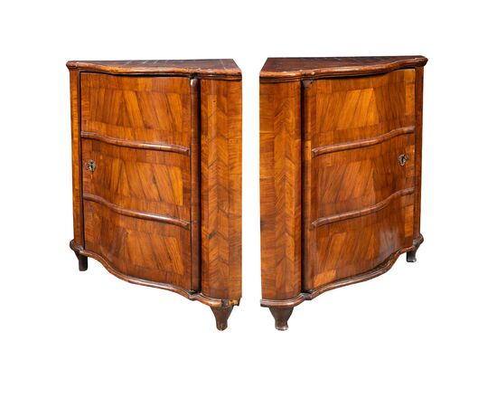 Pair of walnut veneer corner cabinets. Venice, 18th century.