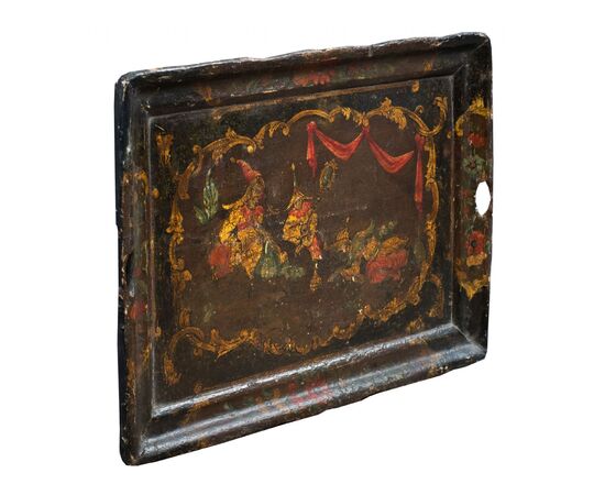 Lacquered and painted wooden tray. Venice, 18th century.