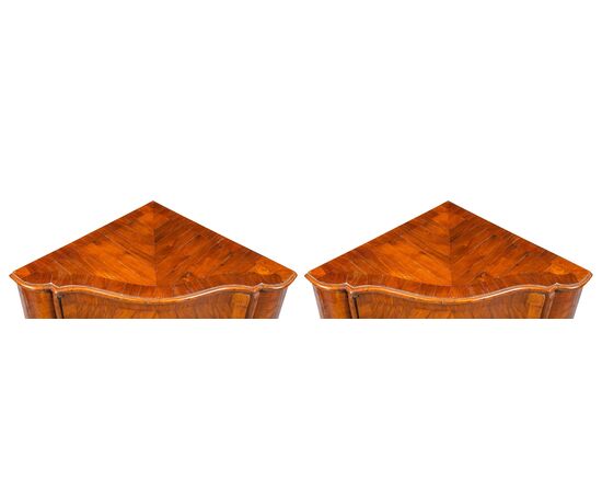 Pair of walnut veneer corner cabinets. Venice, 18th century.