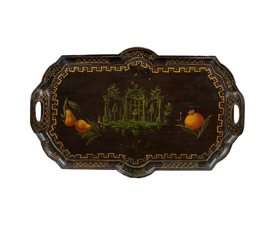 Lacquered and painted wooden tray. Venice, 18th century.
