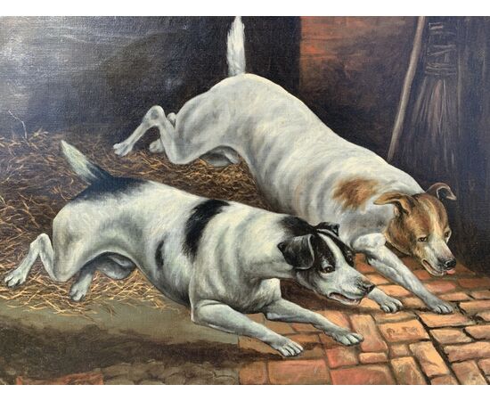 British painter (dated 1899) - Dogs chasing the mouse.